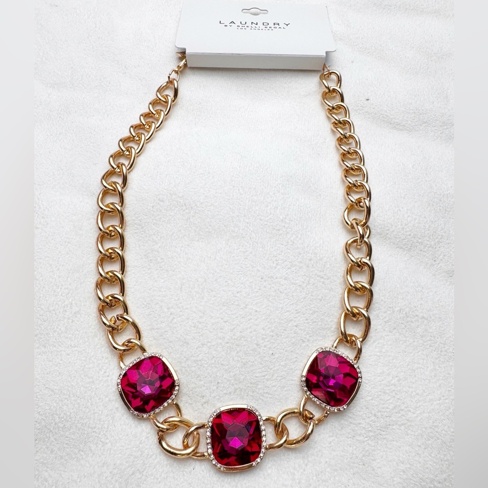 Laundry By Shelli Segal Gold Chain Fuchsia Pink Bling Statement Necklace NWT